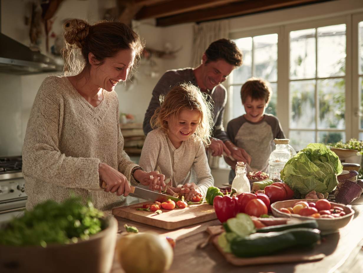Здорова сім'я готує разом на кухні