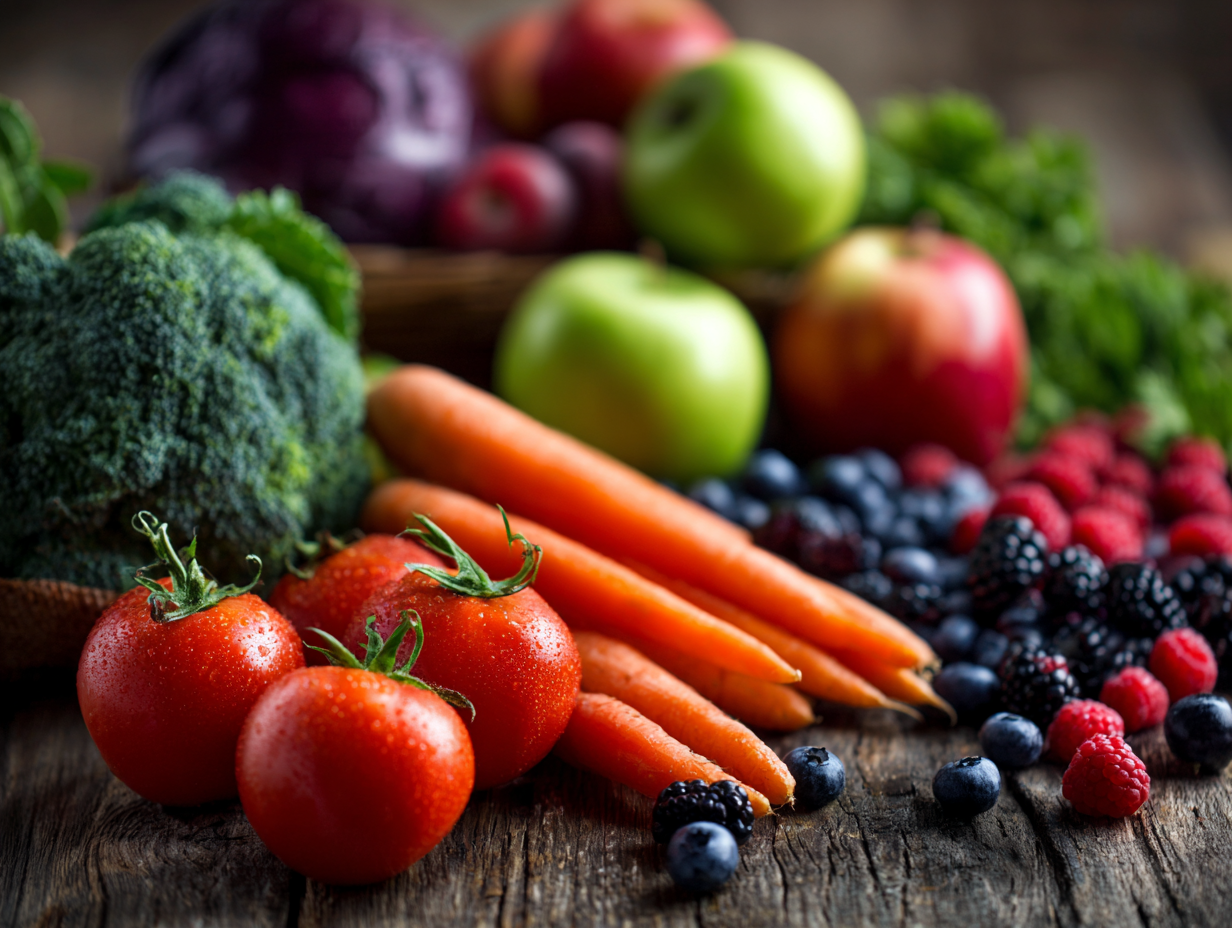 Різноманітні здорові продукти розкладені на столі: овочі, фрукти, горіхи, зерна